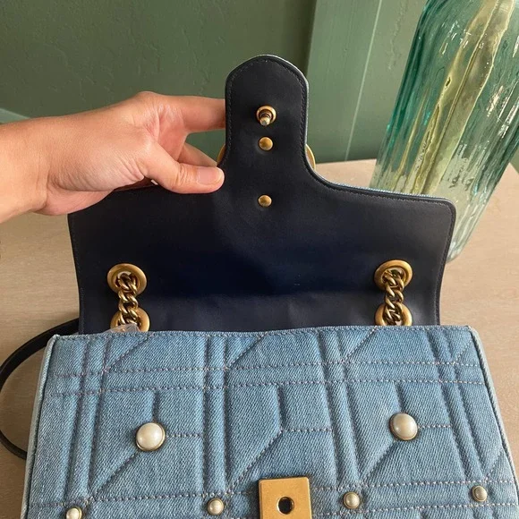 ❌SOLD❌Gucci GG Marmont Denim Pearl Small Flap Bag - Picture 9 of 14